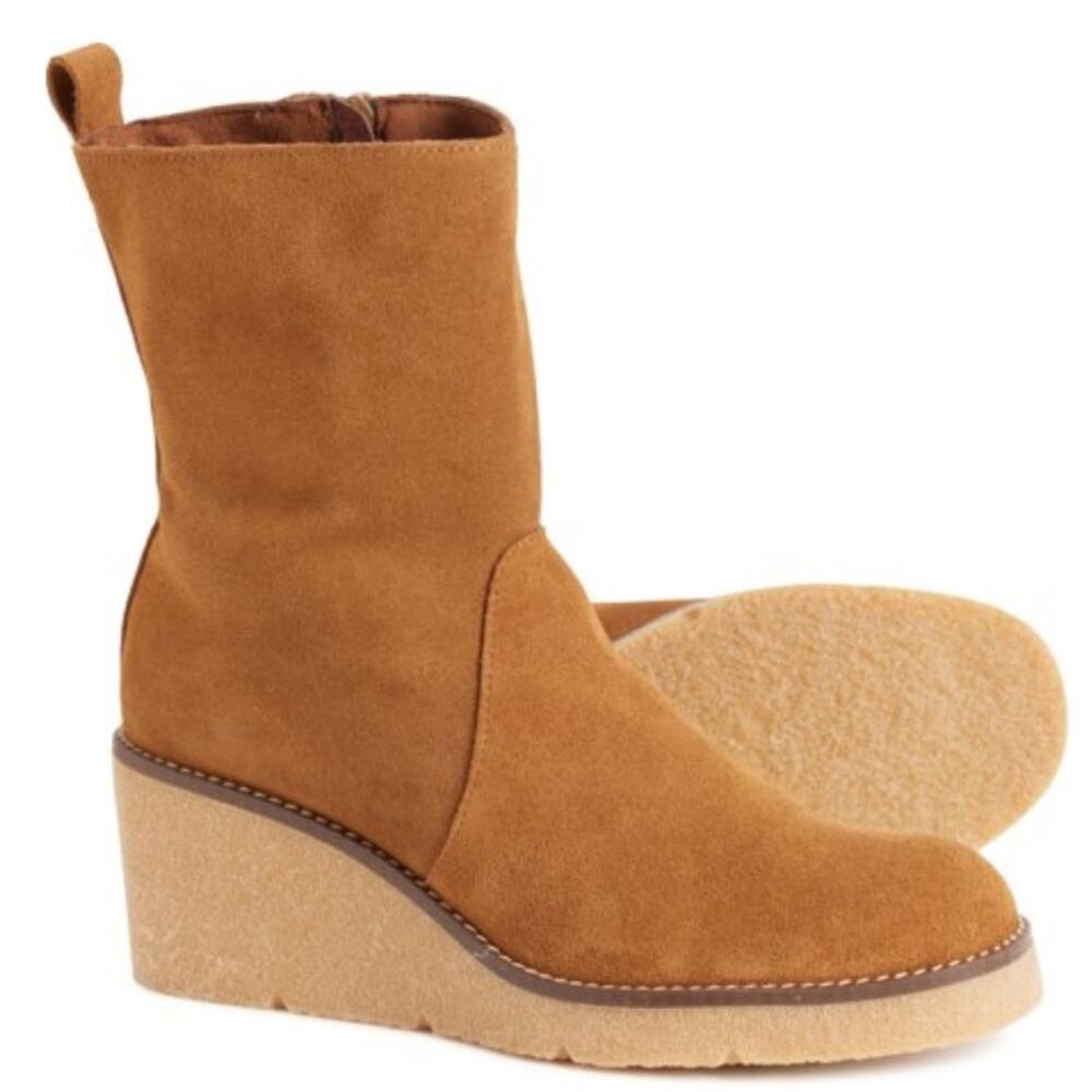 BERTUCHI Made‎ in Spain Wedge Suede Boots Tan Side Zipper Womens Size 8 Boho NWT